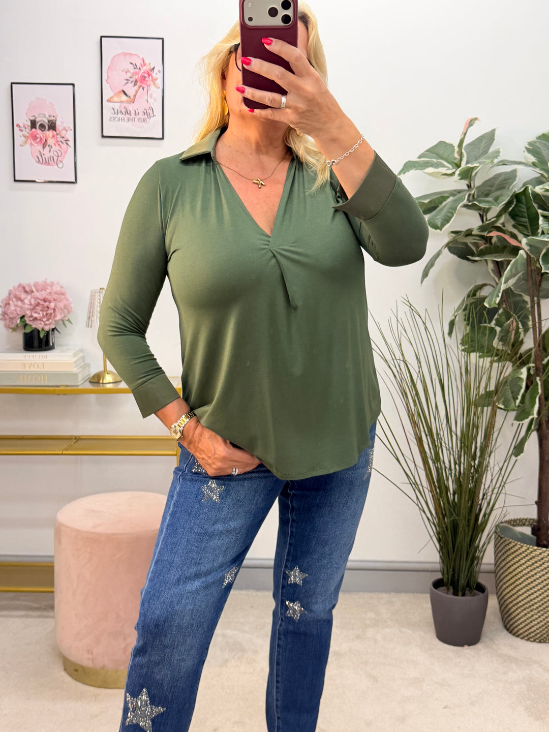 Ladies Fashion V Neck Top - White, Brown, Black, Beige, Wine, Khaki