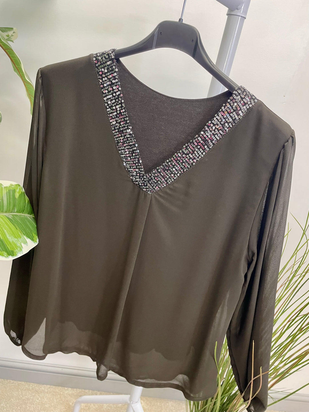 LADIES CHIFFON FLOATY SEQUIN PARTY TOP - BROWN, BLACK, BERRY