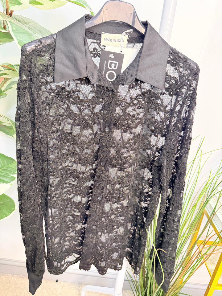 Womens Sheer Lace Satin Collar Blouse - Black, Navy, Beige, Brown