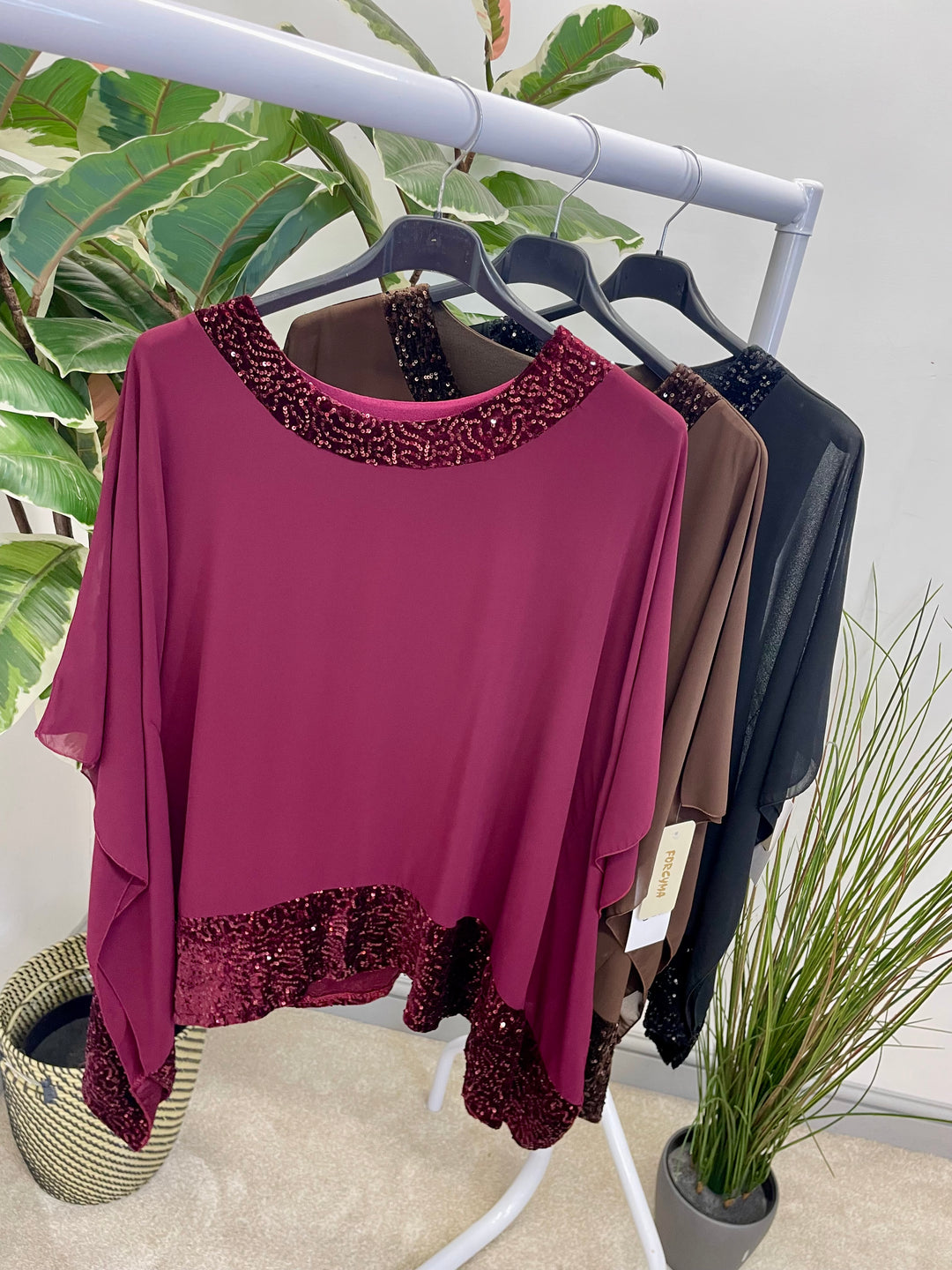 LADIES CHIFFON FLOATY SEQUIN PARTY TOP - BROWN, BLACK, BERRY