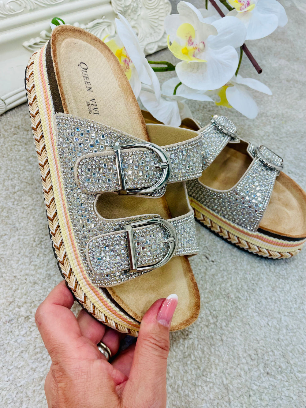 LADIES SPARKLY SILVER FLATFORM SANDALS SLIDERS sizes 3 to 8