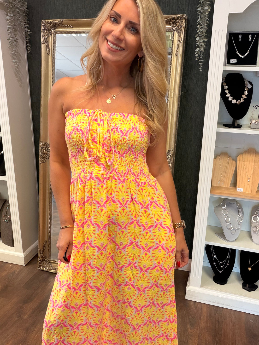 Ladies Fashion Summer Strapless Maxi Dress - Pink, Yellow, Orange, Green, Navy