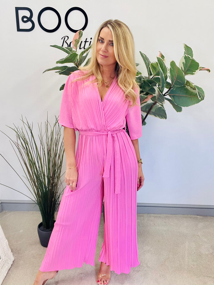 LADIES WOMENS BRIGHT PINK FLATTERING PLEATED JUMPSUIT