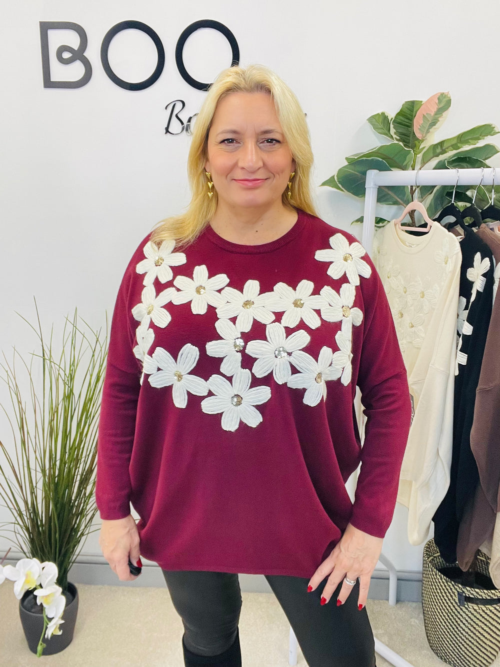 LADIES EMBROIDERED OVERSIZE LOOSE FIT JUMPER WINE BERRY