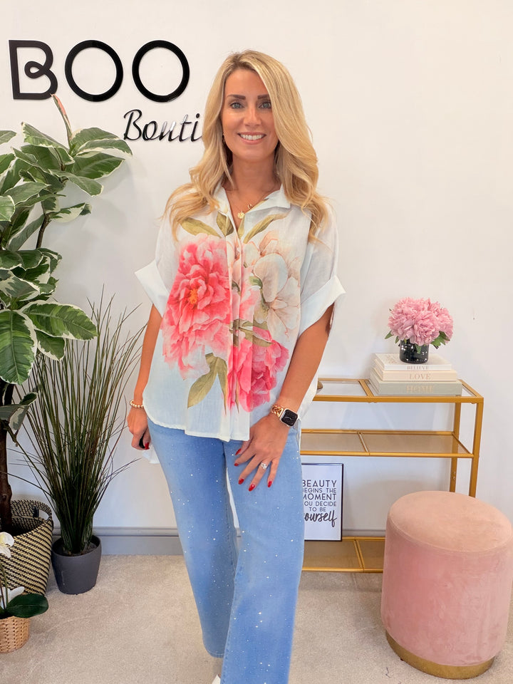 Ladies Cream Linen Rose Print Overize Summer Shirt Top