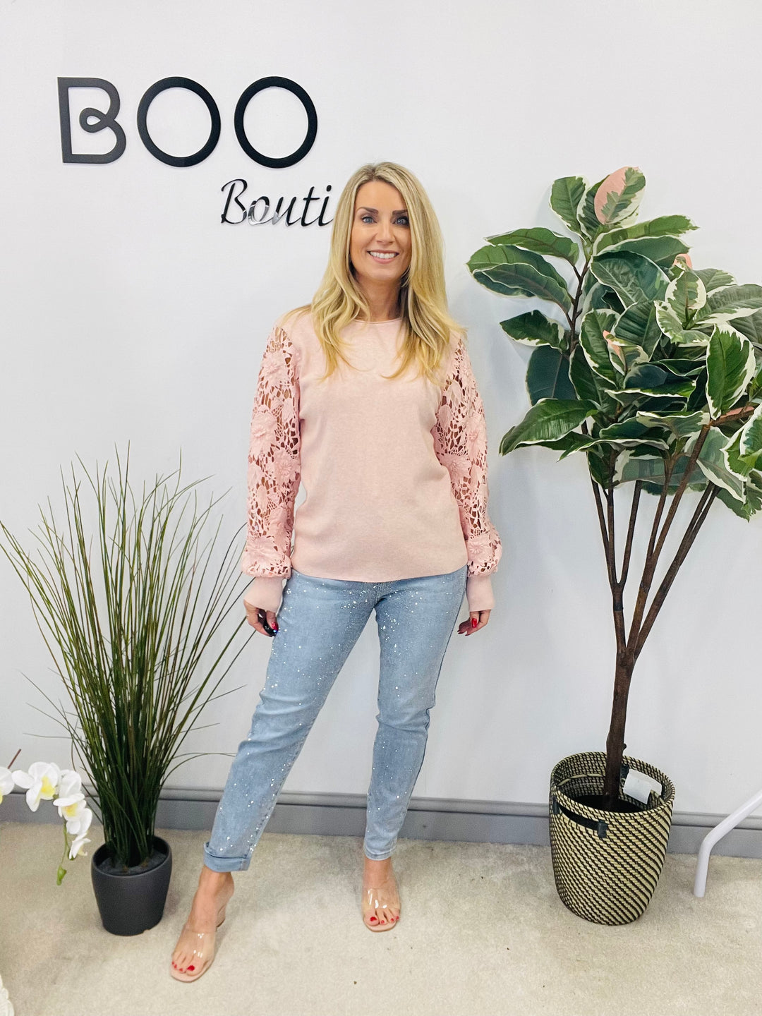 LADIES LACE SLEEVE JUMPER - BLACK, PINK, RED, BERRY,  BROWN & BEIGE