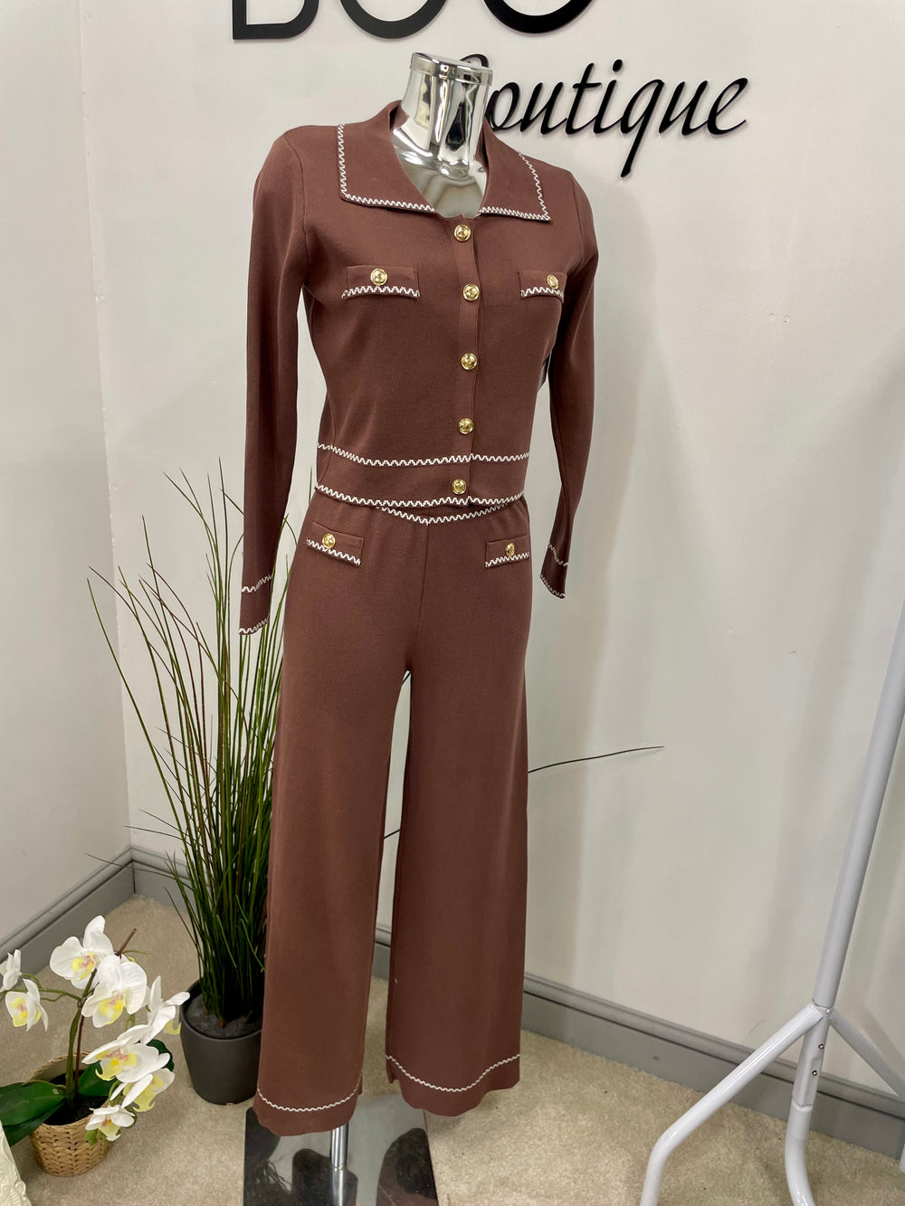 LADIES STRAIGHT LEG TROUSER CO ORD SET - BLACK AND BROWN