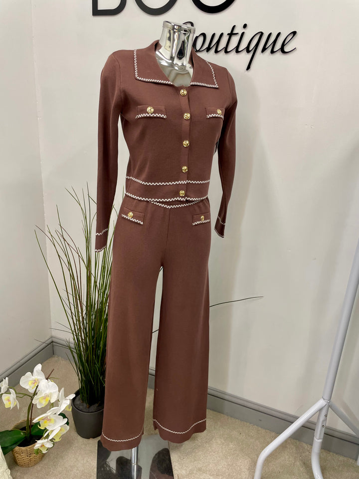 LADIES STRAIGHT LEG TROUSER CO ORD SET - BLACK AND BROWN