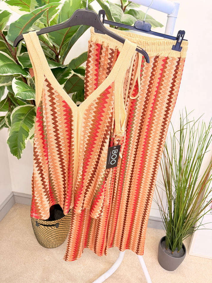 Ladies Fashion Zig Zag Print Wide Leg Trouser Co Ord Set - Khaki & Brown