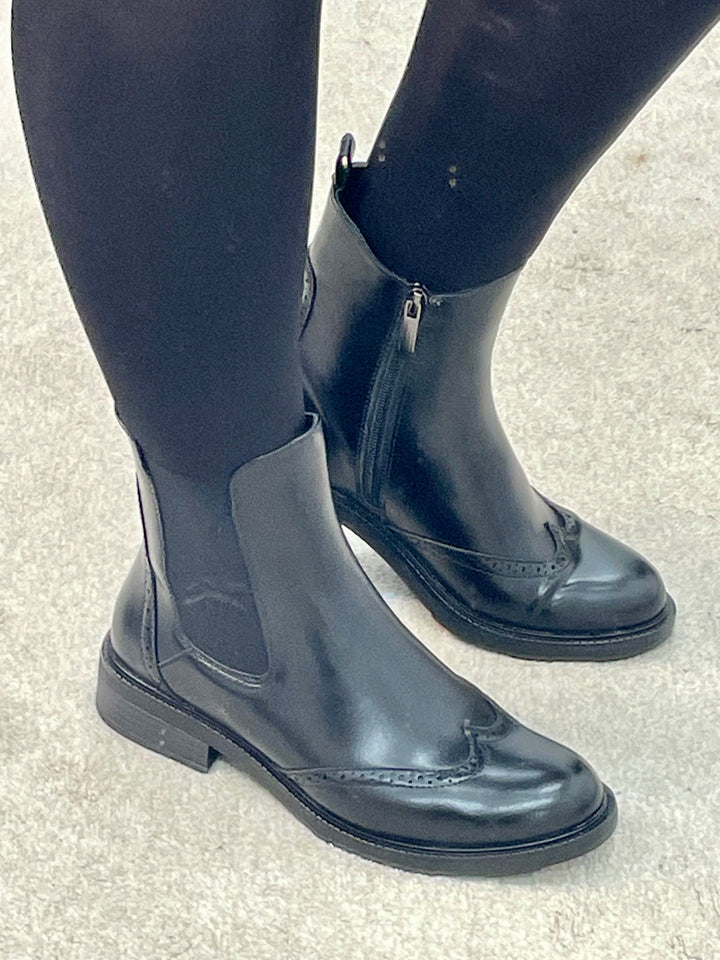 LADIES FASHION BLACK BROGUE ANKLE BOOTS 