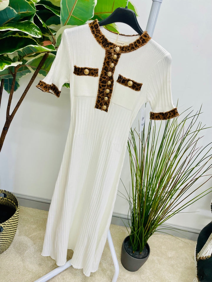 LADIES STRETCH RIBBED KNIT LEOPARD DETAIL MAXI DRESS - WHITE, BLACK, BEIGE & BROWN