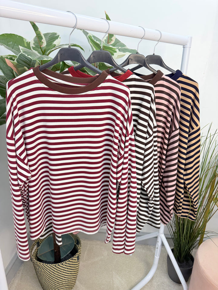 Women’s Stripe Long Sleeve Slouch Top - Wine, Navy, Pink, Brown