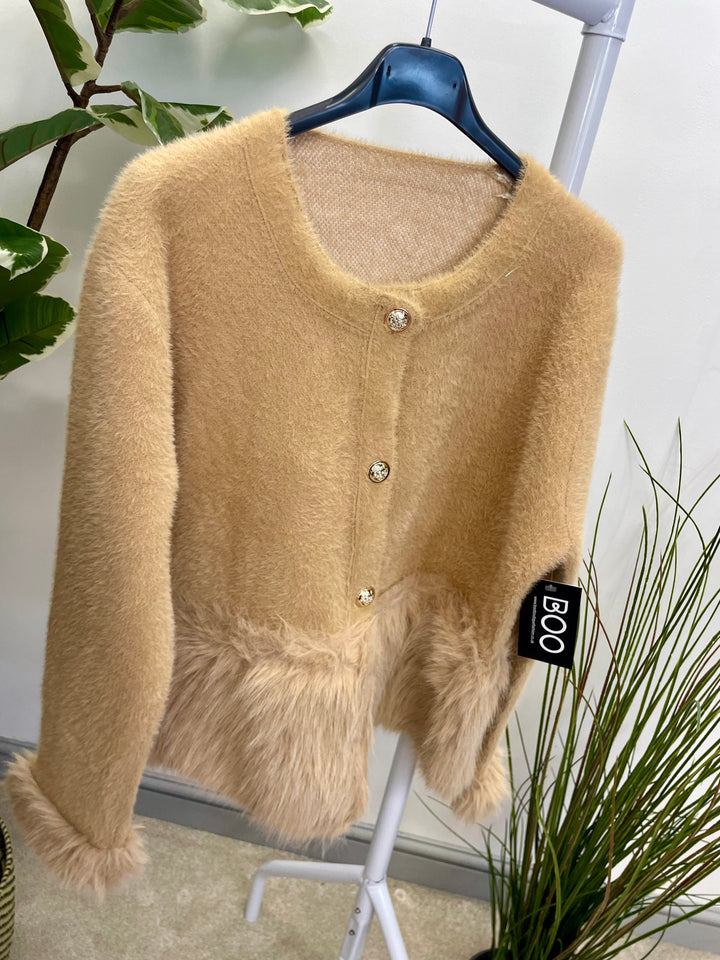 LADIES KNITTED FLUFFY FAUX FUR CARDIGAN - CAMEL, CREAM & BLACK