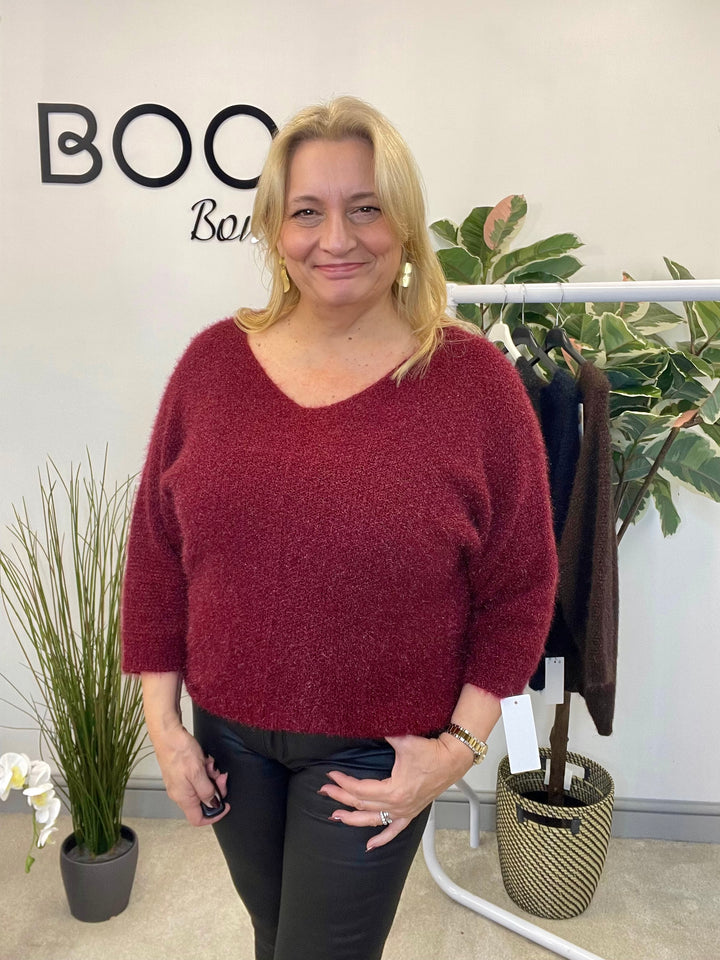 LADIES FLUFFY KNIT V NECK JUMPER - BROWN, BERRY, BLACK & NAVY