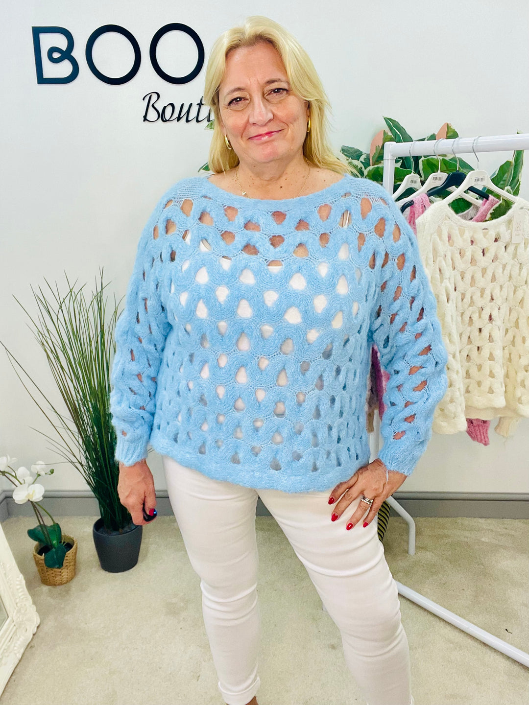 LADIES HOLEY BOX STYLE JUMPER - BLUE, BEIGE, CREAM, PINK & GREY