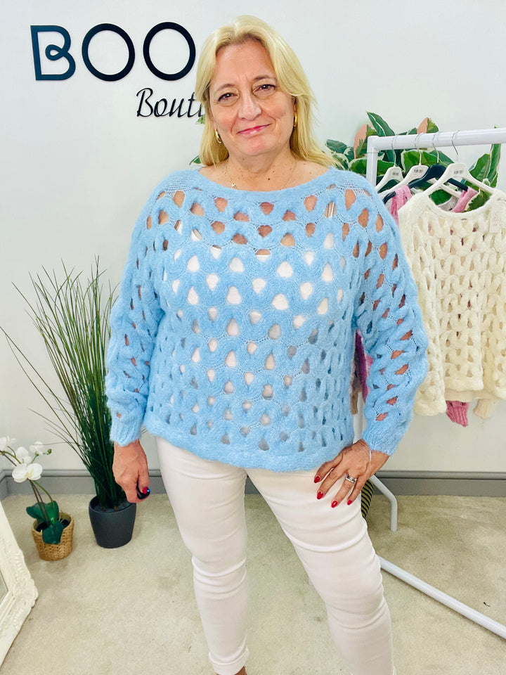 LADIES HOLEY BOX STYLE JUMPER - BLUE, BEIGE, CREAM, PINK & GREY