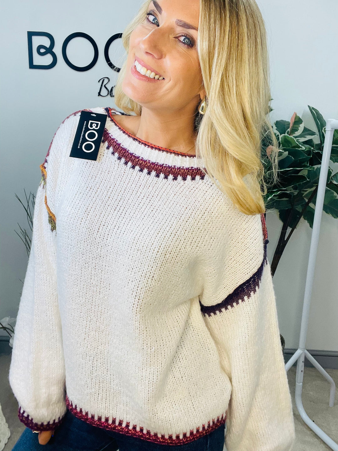 LADIES WINTER CONTRAST STITCH KNIT JUMPER - CREAM, KHAKI & BLUE