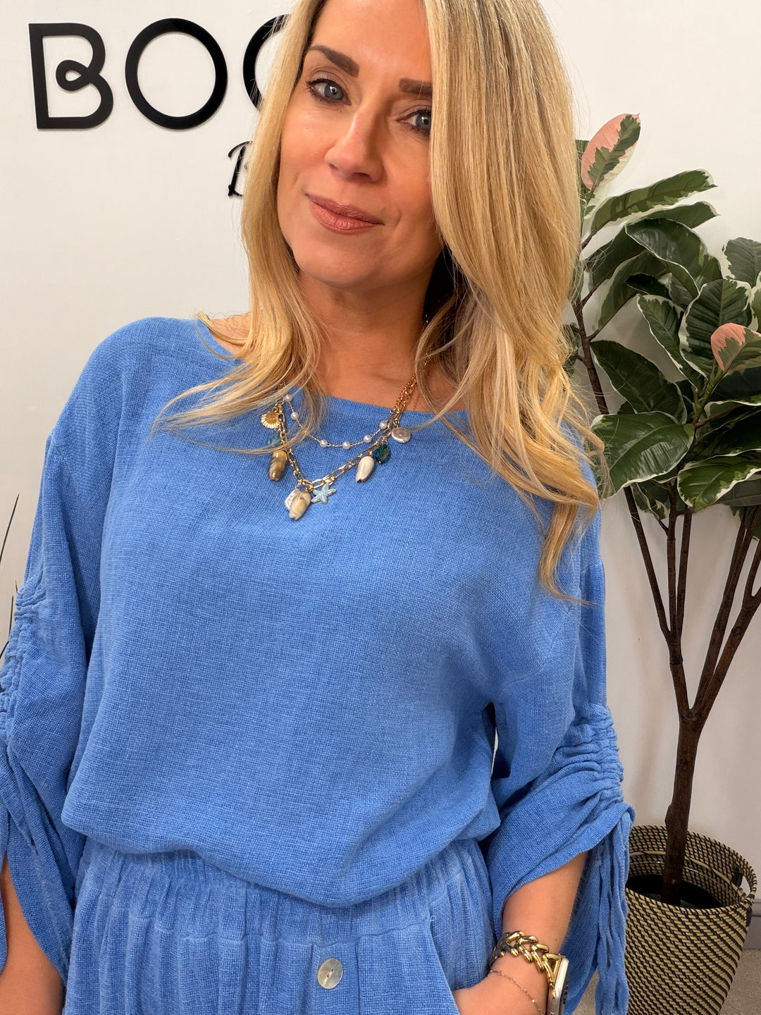 Ladies Fashion Ruche Sleeve Teabag Linen Top royal blue