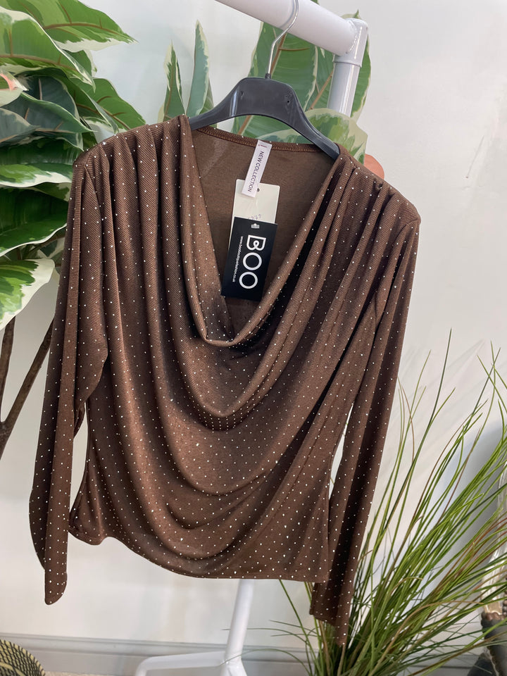 LADIES SPARKLY FESTIVE COWL NECK TOP - GREEN, NAVY, BLACK, BROWN
