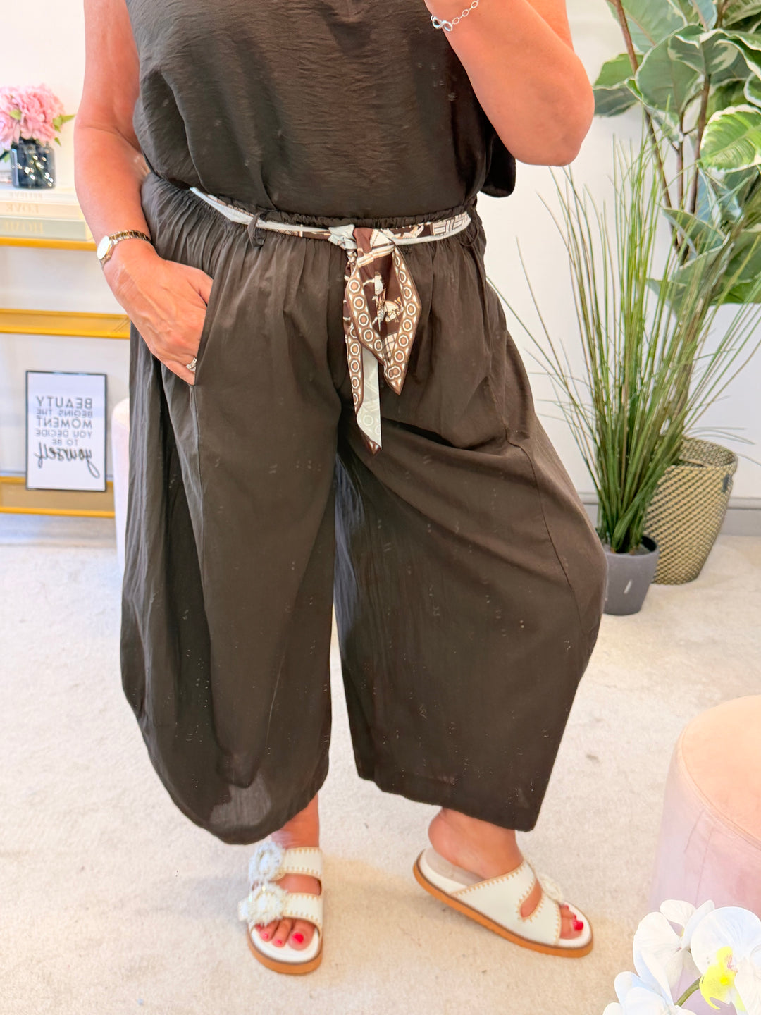 Ladies Cotton Barrel Leg Trousers - Brown, Black, Khaki & Denim Blue