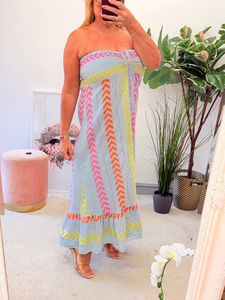 Ladies Fashion Linen Aztec Print Summer Maxi Dress - Blue, Lemon, Pink