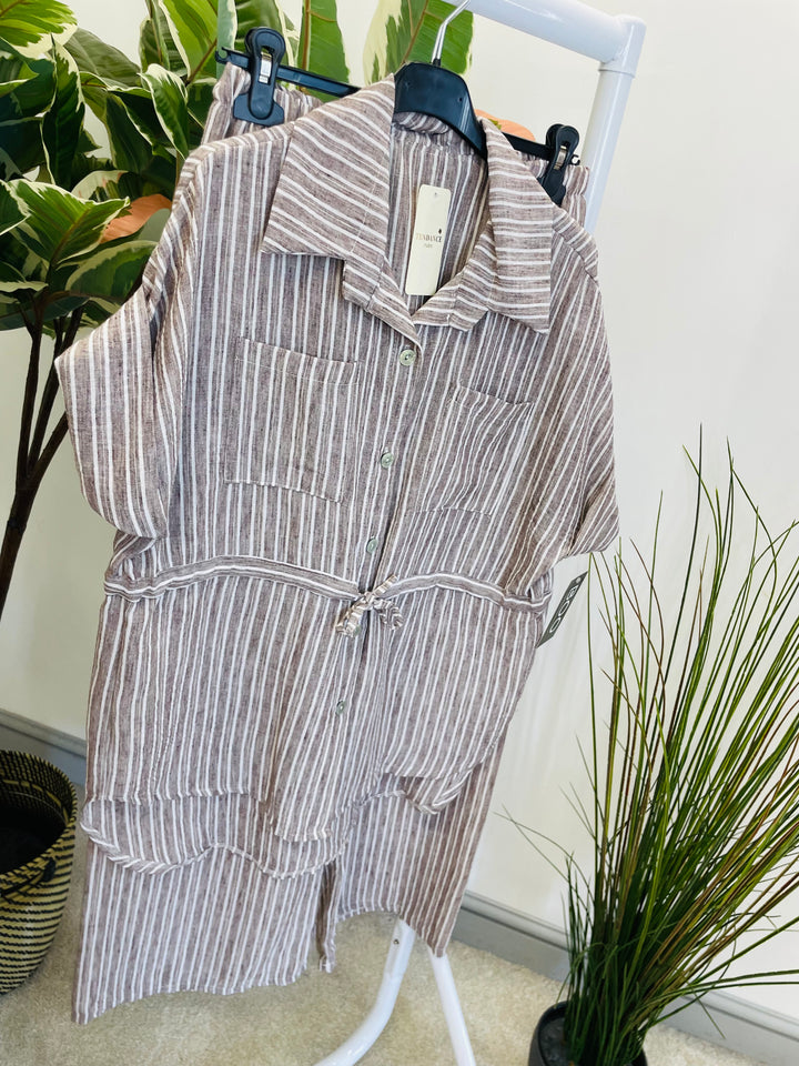 LADIES PINSTRIPE LINEN TROUSER CO ORD SET - BLUE, GREY, KHAKI & BEIGE