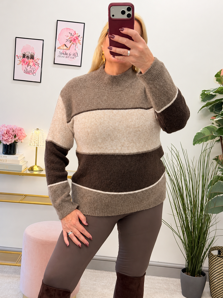 Women's colour block stripe jumper - black, mocha, brown & wine
