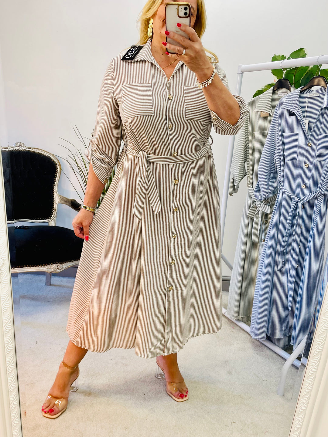 LADIES PINSTRIPE SUMMER SHIRT DRESS - BLUE, KHAKI, MOCHA