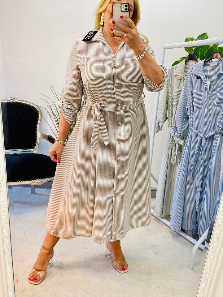 LADIES PINSTRIPE SUMMER SHIRT DRESS - BLUE, KHAKI, MOCHA