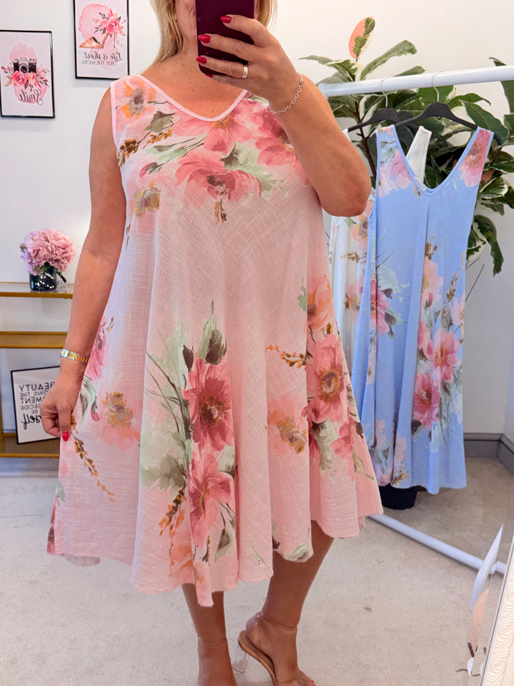 Ladies Flower Print Cotton Sun Dress - White, Pink, Blue