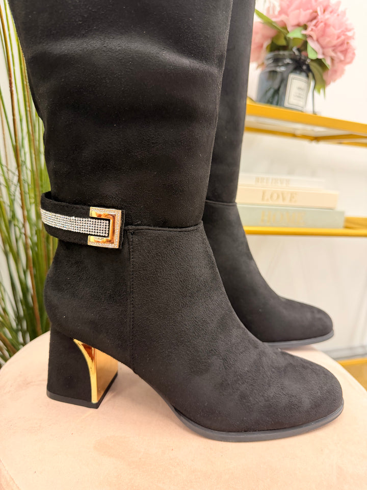 Ladies Fashion Black Faux Suede Mid Heel Smart Calf Boots