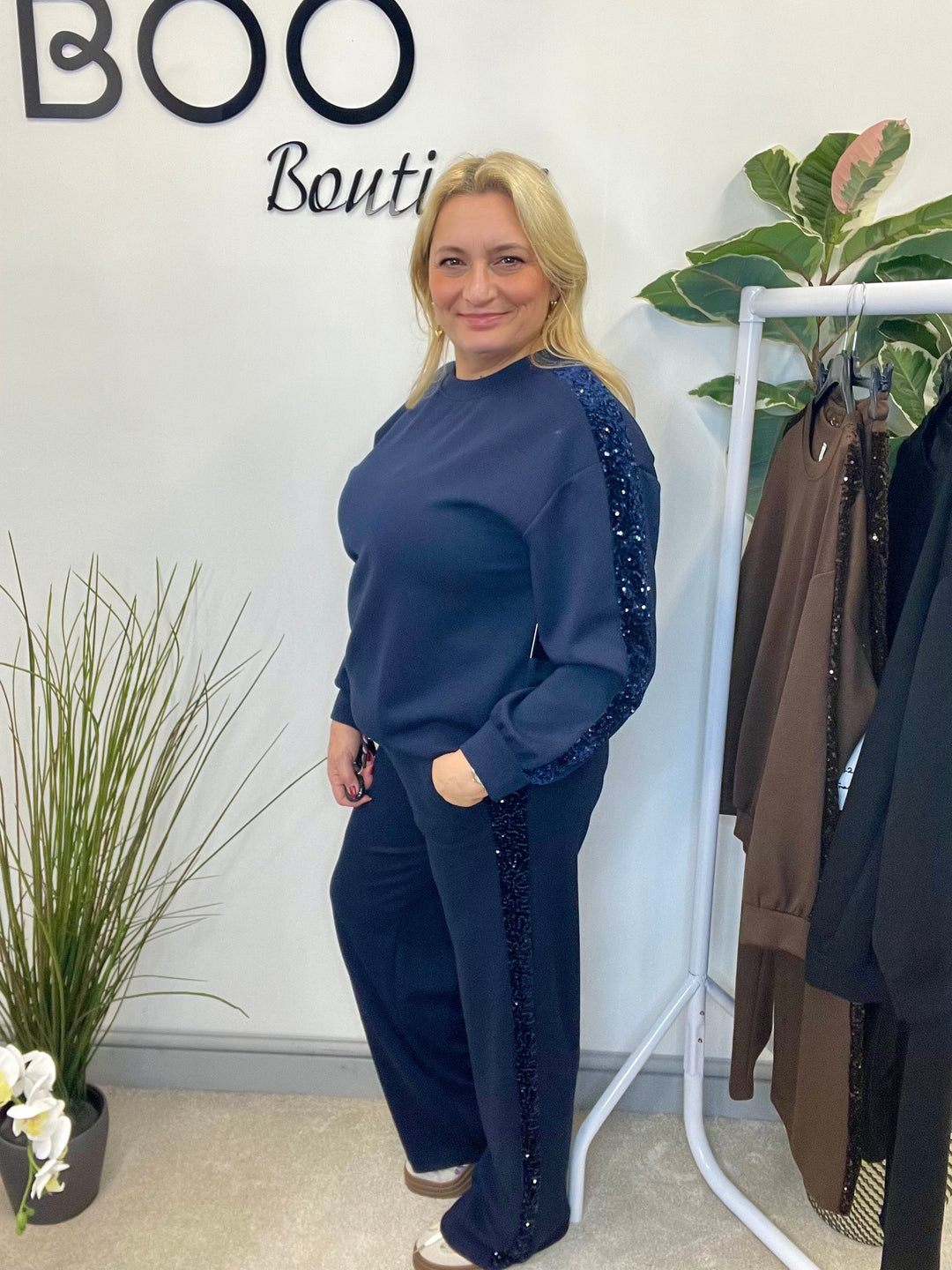 LADIES SEQUIN SCUBA WIDE LEG TROUSER CO ORD SET - BROWN, BLACK, NAVY