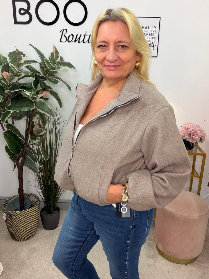 Ladies Fashion Felt Bomber Jacket - Mocha & Brown