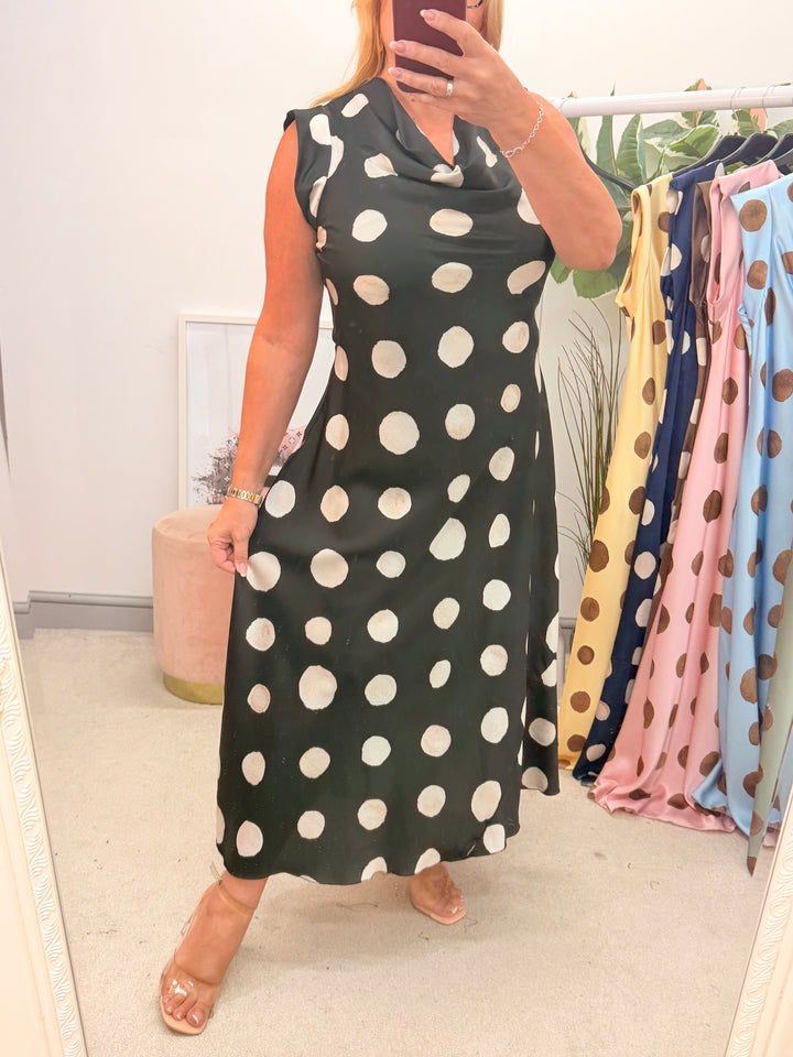 Ladies Satin Polka Dot Sheath Dress - Lemon, Black, Pink, Khaki, Navy, Black & Blue