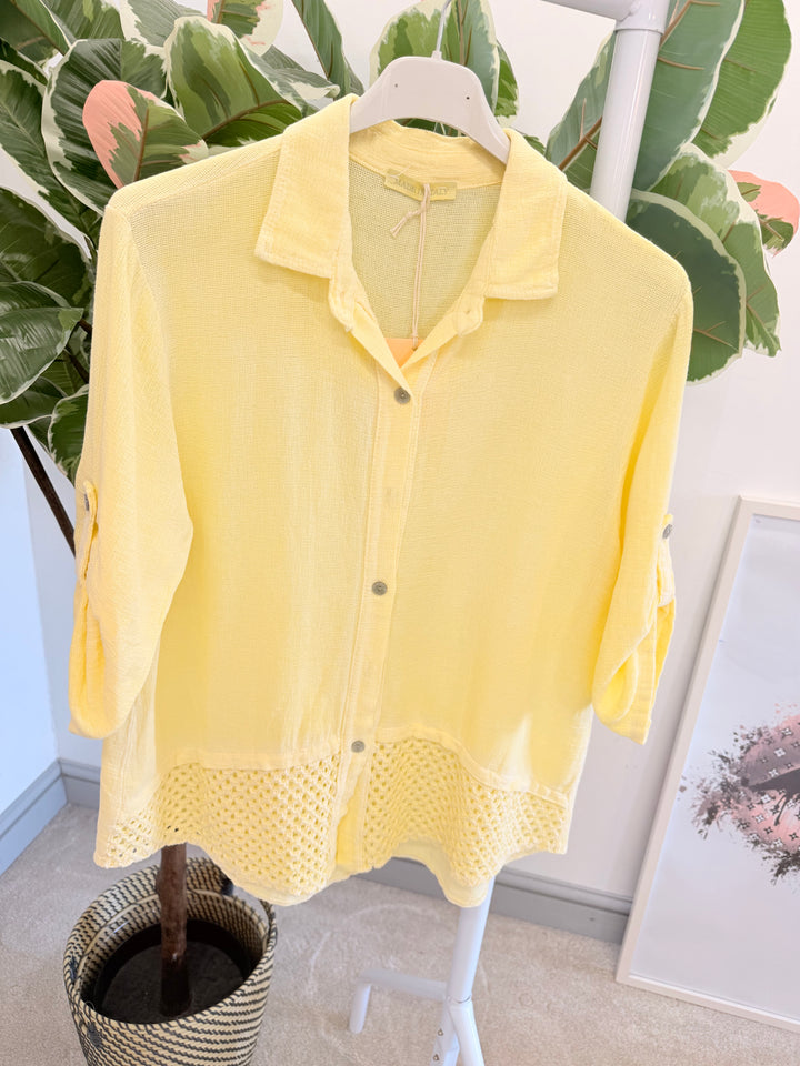 Ladies Teabag Linen Crochet Shirt Top lemon