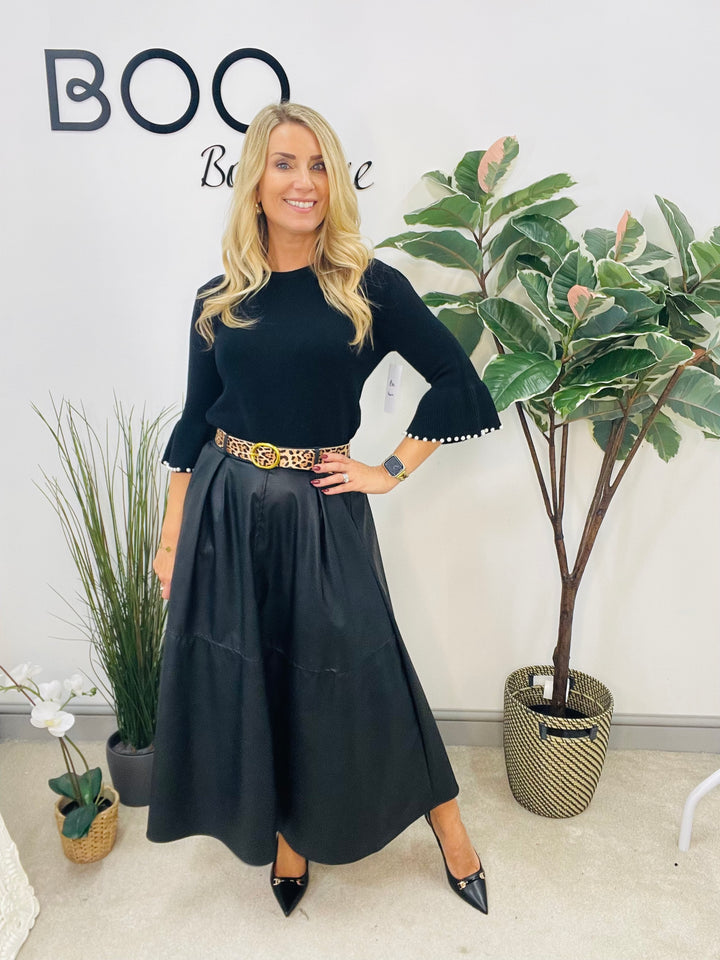 LADIES FAUX LEATHER MAXI SKIRT - BLACK & CAMEL TAN