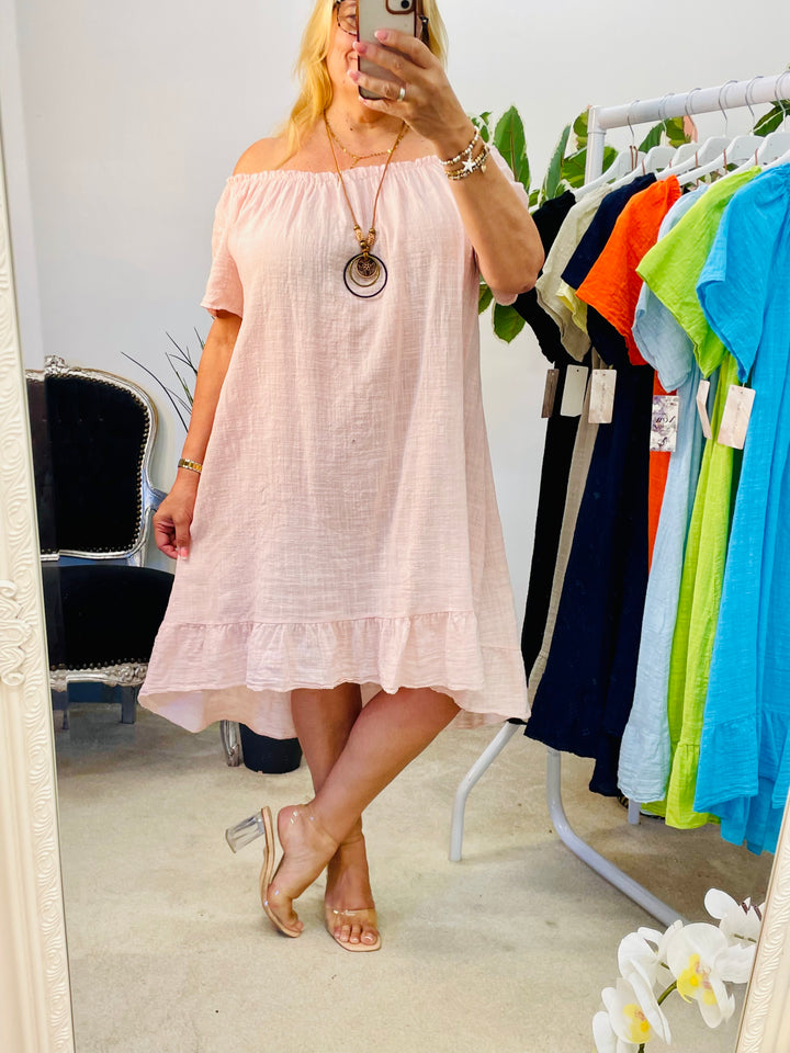 LADIES COTTON SUMMER BARDOT DRESS - BLACK, NAVY, PINK, LEMON, ORANGE, BLUE & LIME
