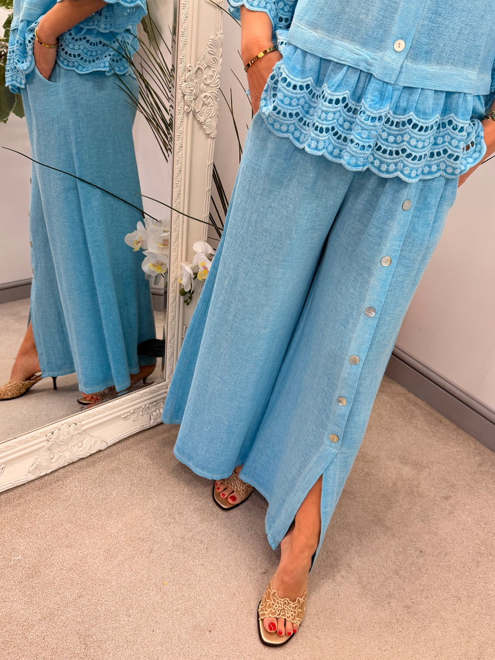Ladies Fashion Wide Leg Palazzo Teabag Linen Trousers turquoise