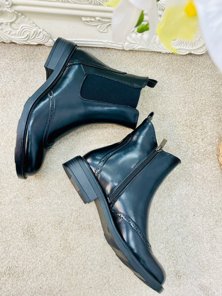 LADIES FASHION BLACK BROGUE ANKLE BOOTS 