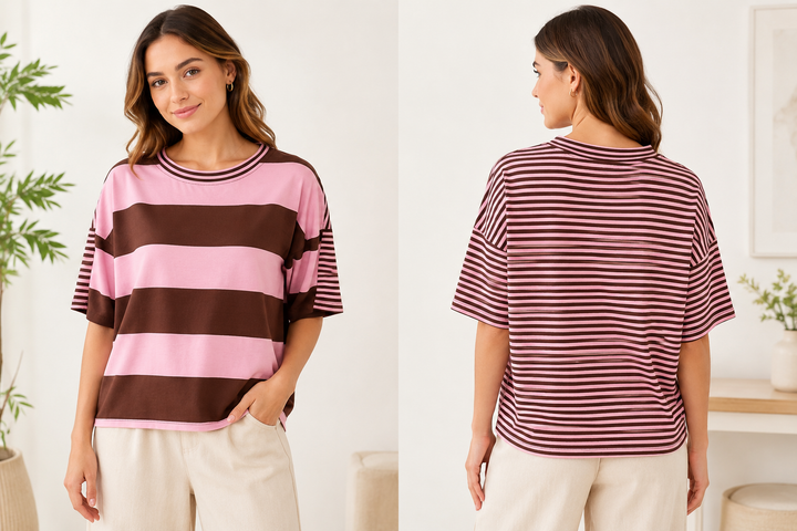 Ladies Colour Block Stripe T Shirt Top - Chocolate/Pink and Pink/Red