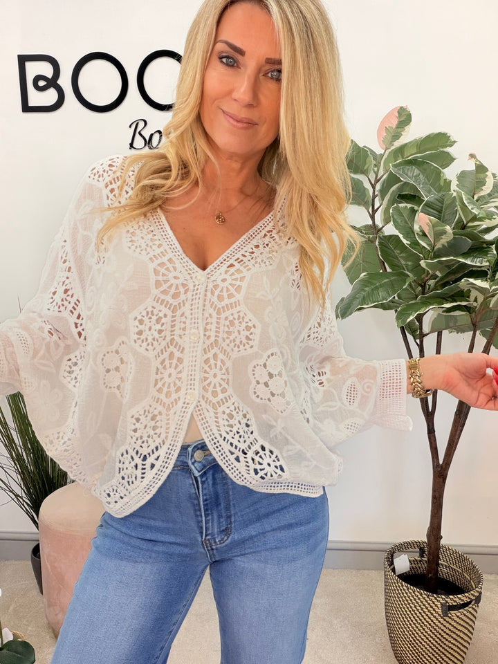 Ladies Fashion Crochet Bolero Top - white, beige, pink, lemon & turquoise