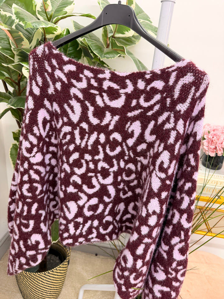 Womens Animal Print Slouch Knit Jumper - Lime, Blue, Plum & Wine