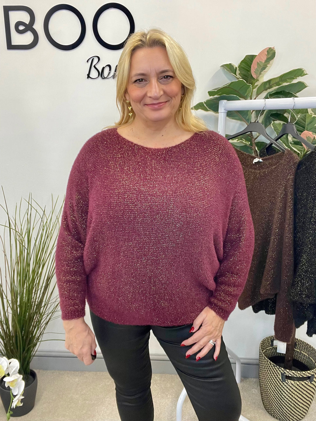 LADIES LUREX BATWING JUMPER - BLACK, BERRY, BROWN