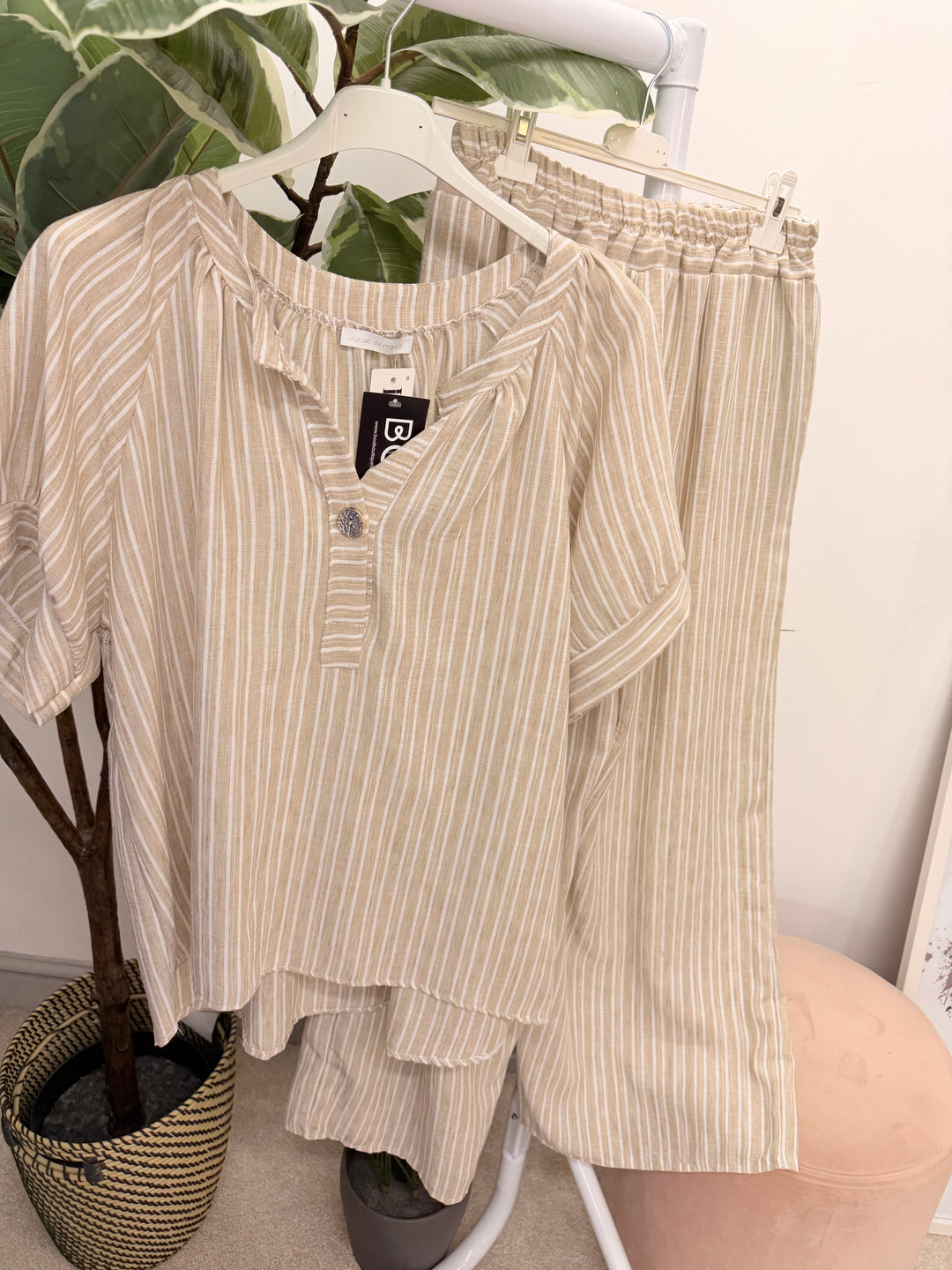 Ladies Fashion Stripe Wide Leg Trouser Co Ord Set - Khaki, Blue, White & Beige