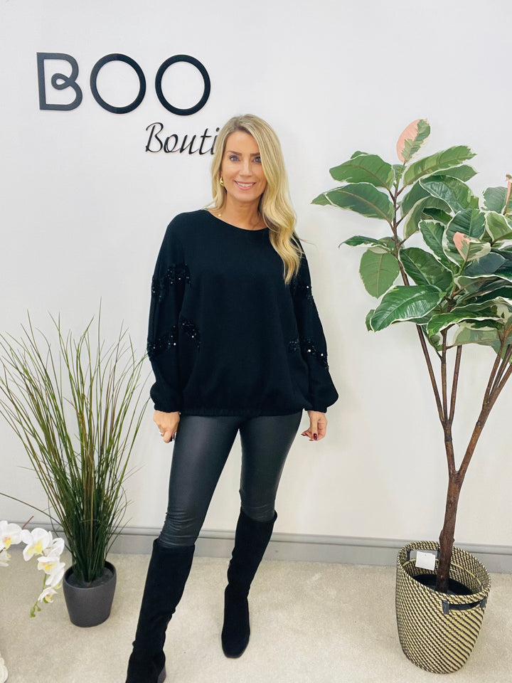 LADIES SCUBA SEQUIN SWEATSHIRT TOP - BLACK & BROWN