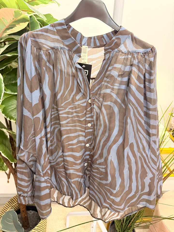 Womens zebra print smock style blouse top - navy & brown