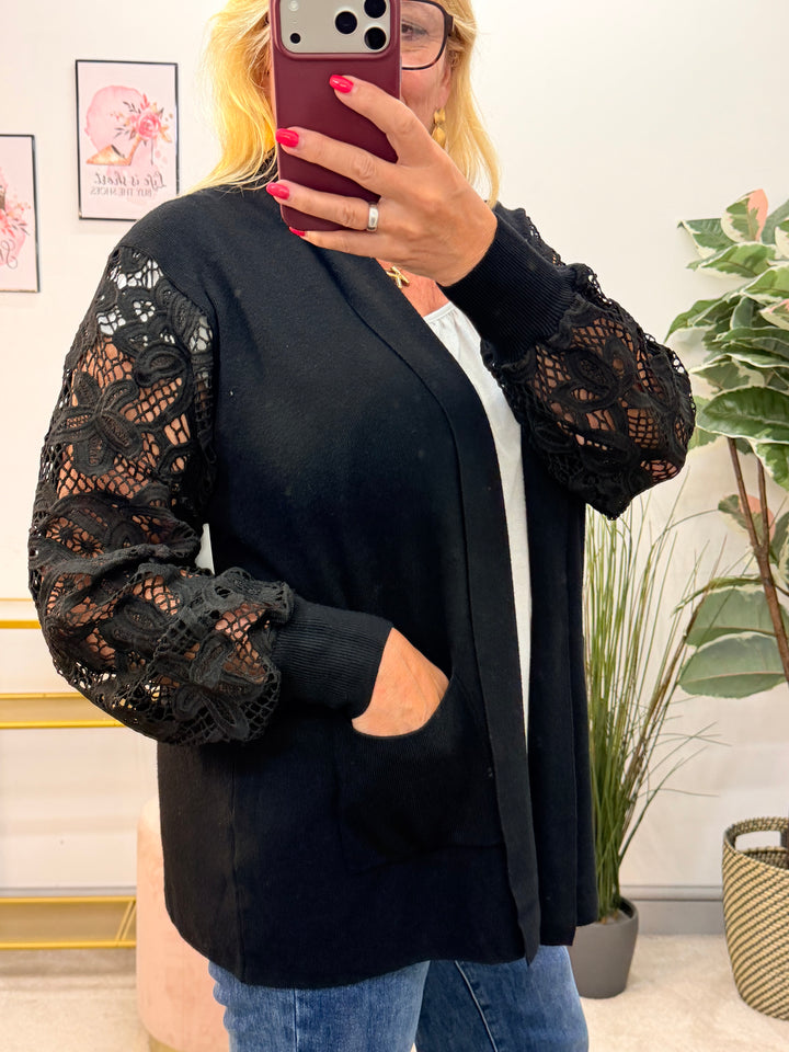 Ladies Crochet Sleeve Longline Cardigan - Black, Brown, Khaki, Wine, Beige & Grey