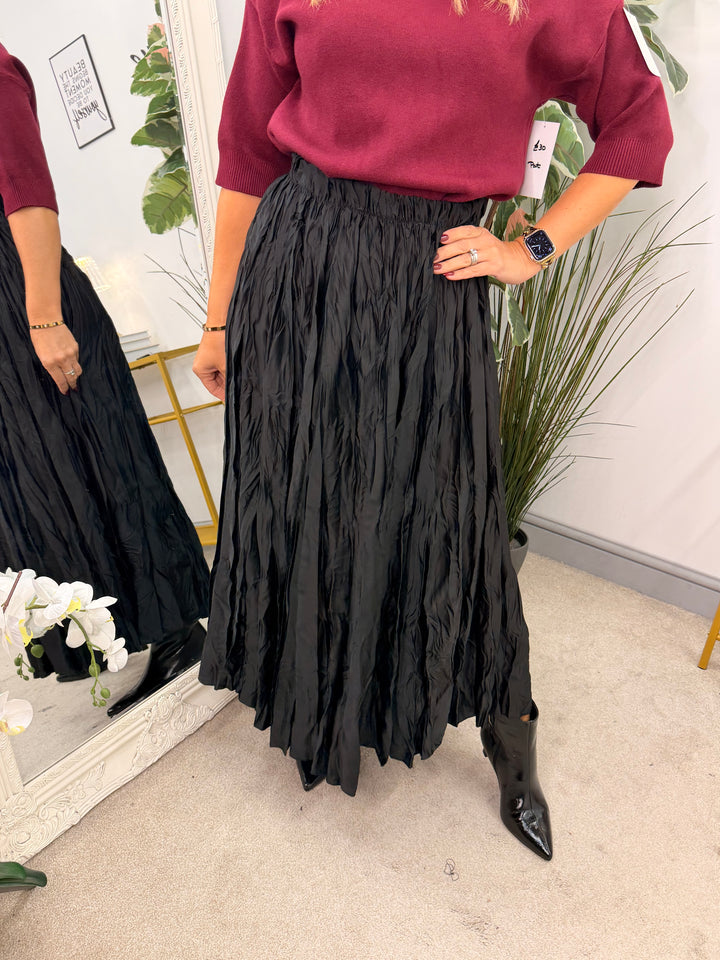 Ladies Fashion Satin Crinkle Maxi Skirt - Black, Navy, Brown, Khaki & Lime
