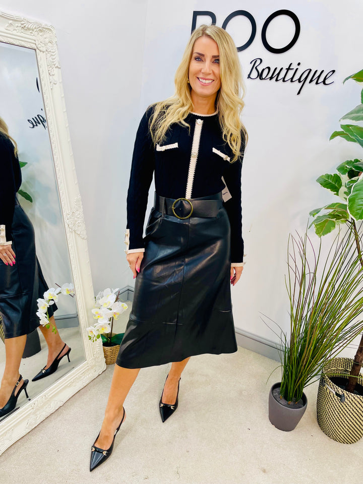 LADIES BLACK FAUX LEATHER MIDI SKIRT