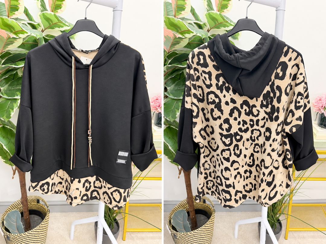 Women's leopard print casual sweat shirt hoody top - black, white & white